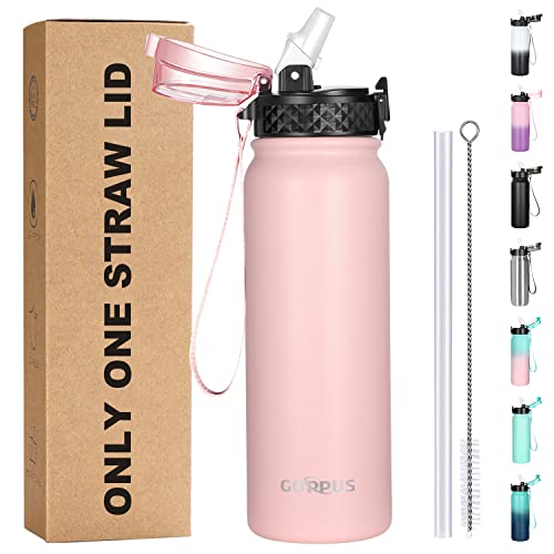 GOPPUS 600ml/20oz Stainless Steel Water Bottle with Straw Insulated Cold Flask Double Walled Flip up Metal Thermos Leakproof Bottle for Gym Sports