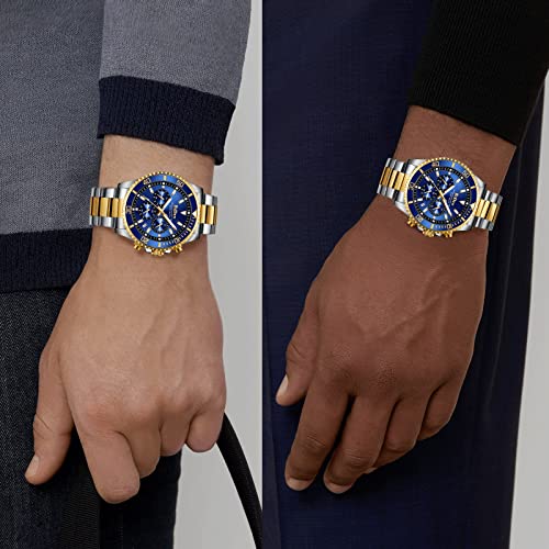 Designer Chronograph Military Waterproof Analogue Quartz Men Stainless Steel Wrist Watch Fashion Large Date Watches for Men Gold Blue