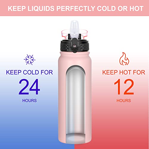 GOPPUS 600ml/20oz Stainless Steel Water Bottle with Straw Insulated Cold Flask Double Walled Flip up Metal Thermos Leakproof Bottle for Gym Sports