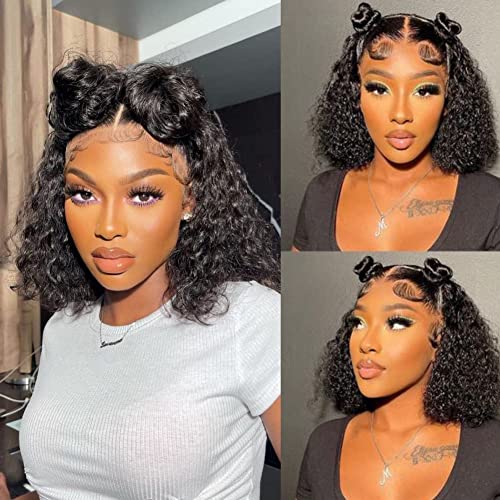 Human Hair Bob Wigs 180% Density Curly Lace Closure Wigs Human Hair Curly Bob Human Hair Wigs For Women Pre Plucked with Baby Hair Kinky Curly 4x4 Closure Human Hair Wigs 14 Inch