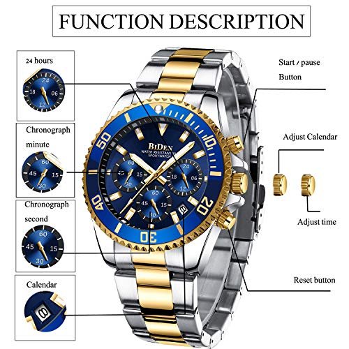 Designer Chronograph Military Waterproof Analogue Quartz Men Stainless Steel Wrist Watch Fashion Large Date Watches for Men Gold Blue