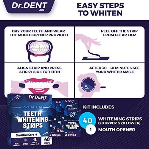 DrDent Premium Teeth Whitening Strips - 20 Whitening Sessions - Non-Sensitive Formula - 40 Peroxide Free Whitening Strips - Safe for Enamel + Mouth Opener Included