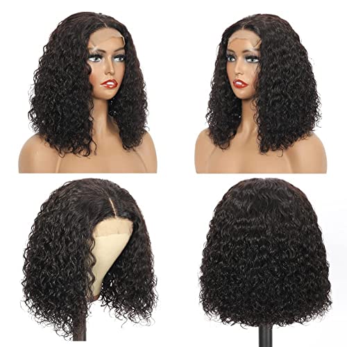 Human Hair Bob Wigs 180% Density Curly Lace Closure Wigs Human Hair Curly Bob Human Hair Wigs For Women Pre Plucked with Baby Hair Kinky Curly 4x4 Closure Human Hair Wigs 14 Inch