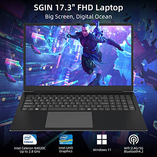 SGIN Laptop 17.3 Inch 8GB RAM 256GB SSD, Laptop Windows 11 Celeron Quad-Core Processor Up to 2.8GHz, 1080P FHD PC Notebook with Dual Band WiFi, 2xUSB 3.0, Keyboard Film in Eight Languages