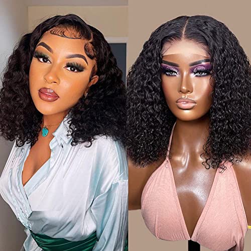 Human Hair Bob Wigs 180% Density Curly Lace Closure Wigs Human Hair Curly Bob Human Hair Wigs For Women Pre Plucked with Baby Hair Kinky Curly 4x4 Closure Human Hair Wigs 14 Inch