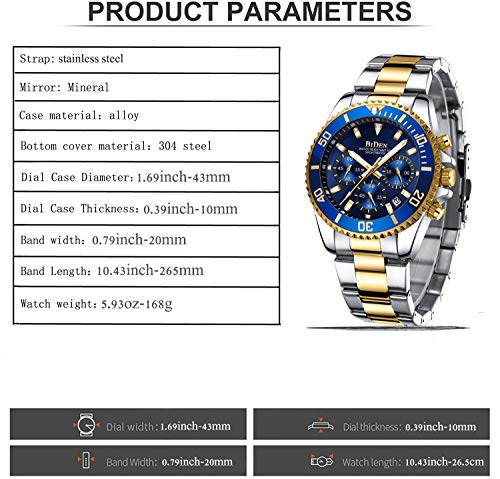 Designer Chronograph Military Waterproof Analogue Quartz Men Stainless Steel Wrist Watch Fashion Large Date Watches for Men Gold Blue