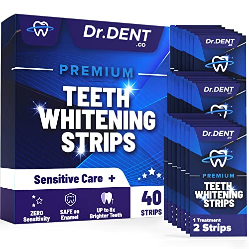 DrDent Premium Teeth Whitening Strips - 20 Whitening Sessions - Non-Sensitive Formula - 40 Peroxide Free Whitening Strips - Safe for Enamel + Mouth Opener Included