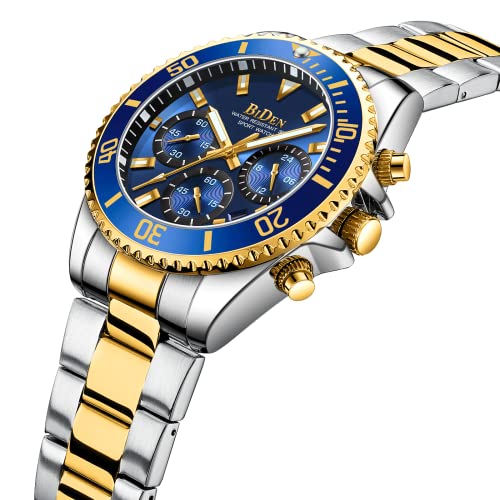 Designer Chronograph Military Waterproof Analogue Quartz Men Stainless Steel Wrist Watch Fashion Large Date Watches for Men Gold Blue