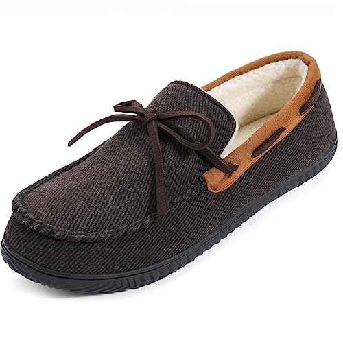 ULTRAIDEAS Men's Comfort Moccasin Slippers Memory Foam House Shoes with Nonslip Rubber Sole (Coffee, UK Size 12/EU Size 46)