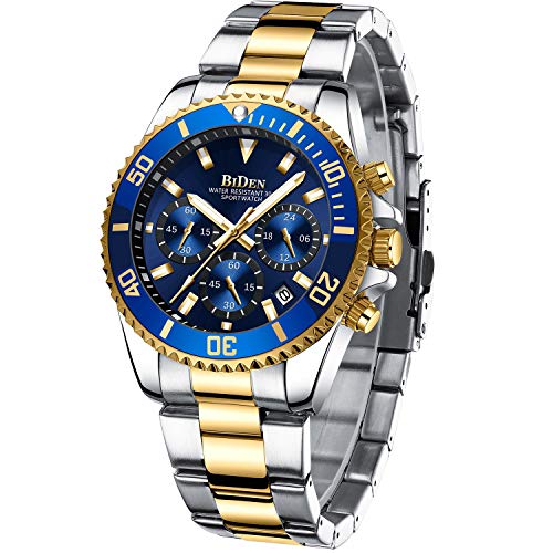 Designer Chronograph Military Waterproof Analogue Quartz Men Stainless Steel Wrist Watch Fashion Large Date Watches for Men Gold Blue