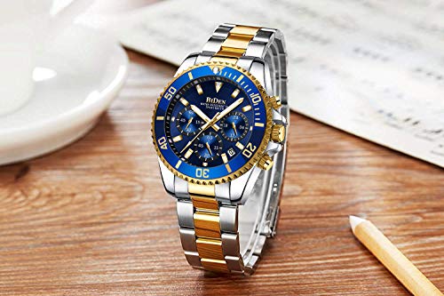 Designer Chronograph Military Waterproof Analogue Quartz Men Stainless Steel Wrist Watch Fashion Large Date Watches for Men Gold Blue