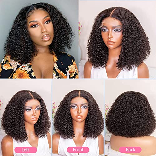 Human Hair Bob Wigs 180% Density Curly Lace Closure Wigs Human Hair Curly Bob Human Hair Wigs For Women Pre Plucked with Baby Hair Kinky Curly 4x4 Closure Human Hair Wigs 14 Inch