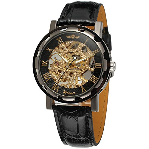 Yoodeet Men's Black Skeleton Dial Hand-Wind Up PU Leather Mechanical Wrist Watch