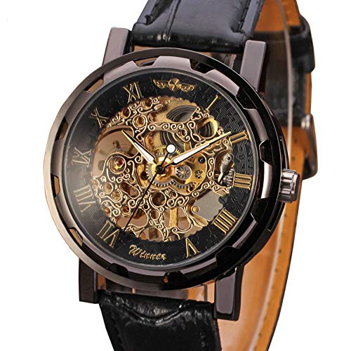 Yoodeet Men's Black Skeleton Dial Hand-Wind Up PU Leather Mechanical Wrist Watch