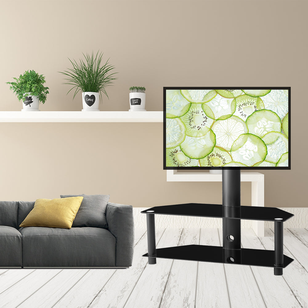 Multi-Function Angle And Height Adjustable Tempered Glass Metal Frame Floor TV Stand, LCD TV Bracket Plasma TV Bracket  2 Tier Tempered Glass Shelves For Multiple Media Devices