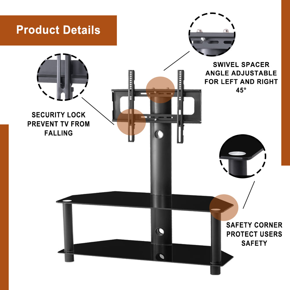 Multi-Function Angle And Height Adjustable Tempered Glass Metal Frame Floor TV Stand, LCD TV Bracket Plasma TV Bracket  2 Tier Tempered Glass Shelves For Multiple Media Devices