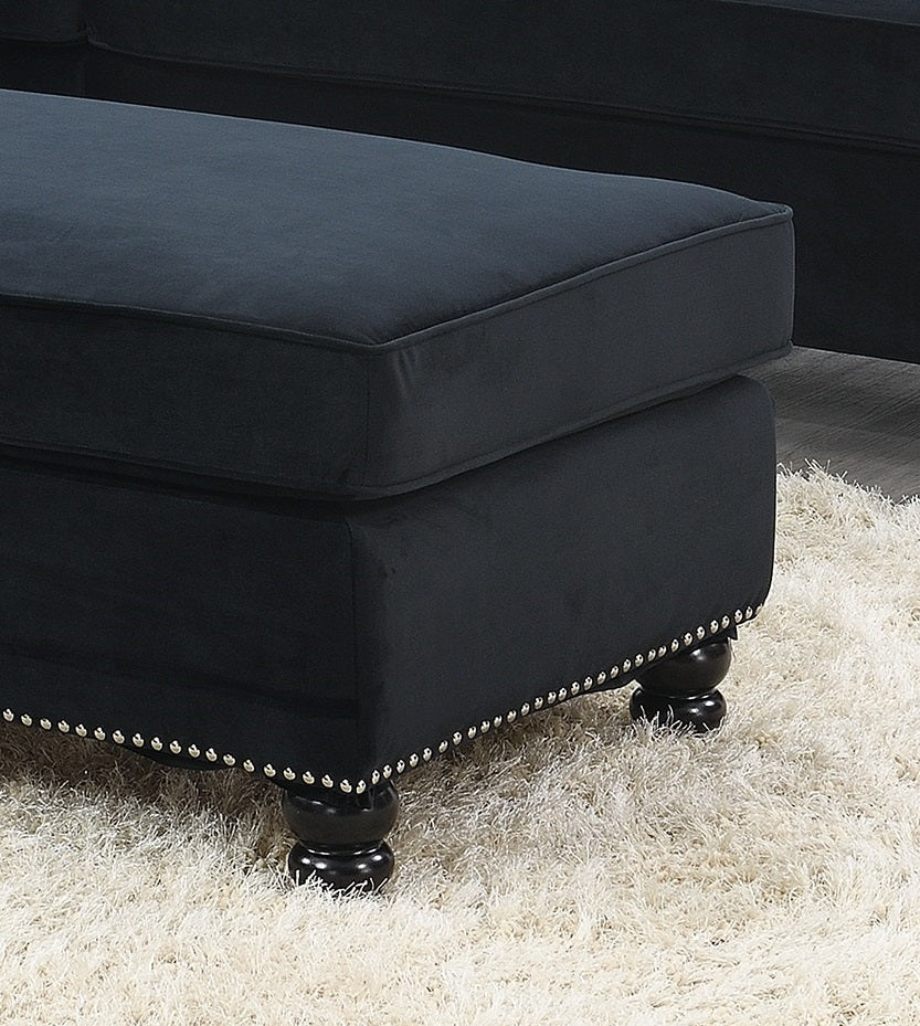 Living Room XL- Cocktail Ottoman Black Velvet Accent Studding Trim Wooden Legs