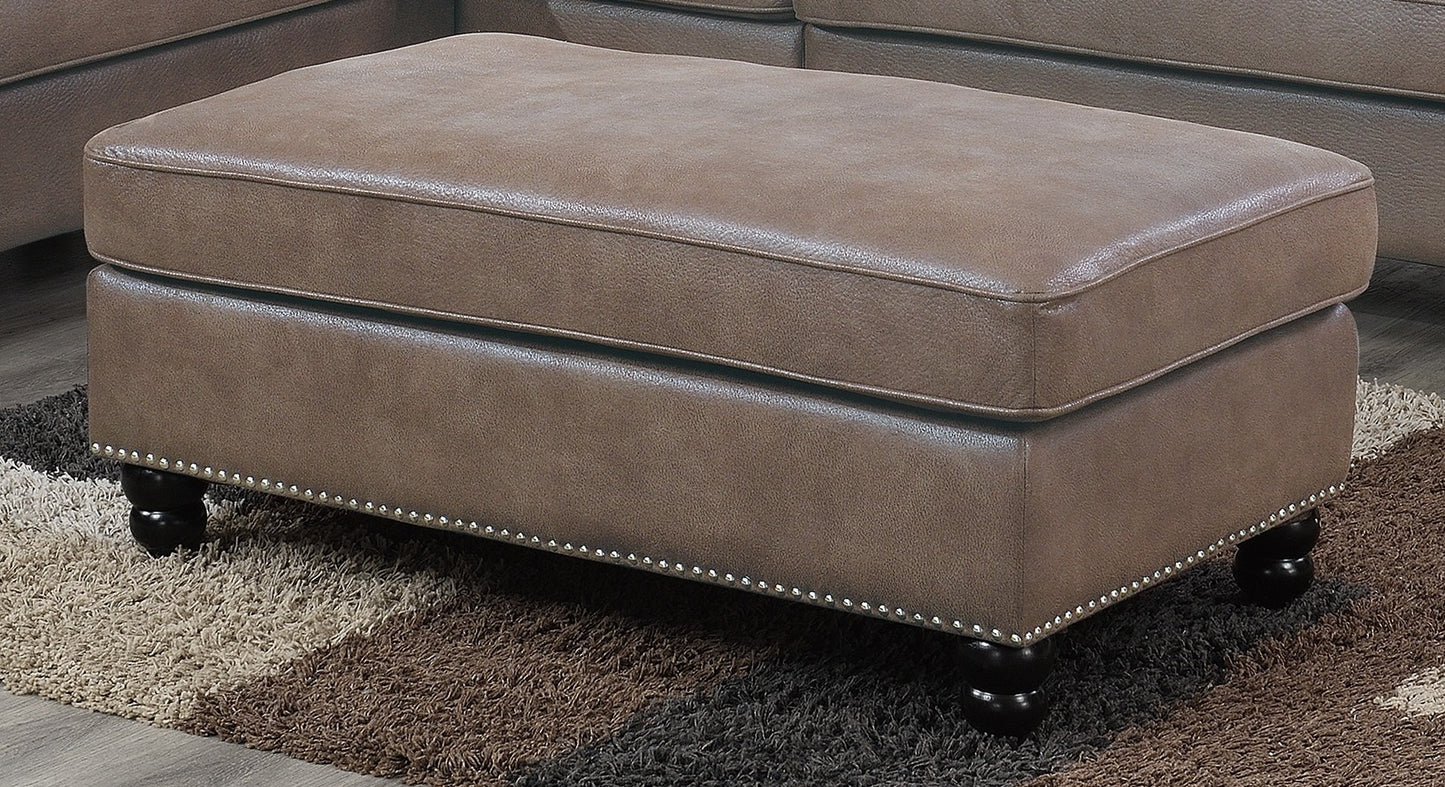 Living Room XL- Cocktail Ottoman Dark Coffee Leatherette Accent Studding Trim Wooden Legs