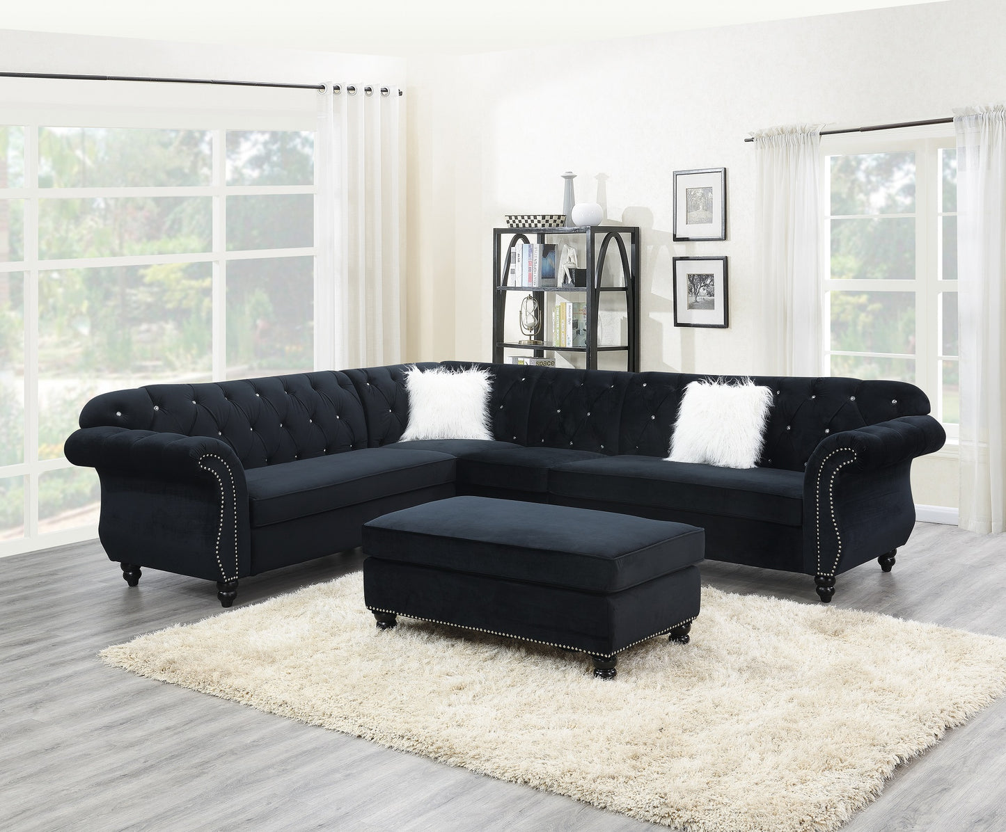 Living Room XL- Cocktail Ottoman Black Velvet Accent Studding Trim Wooden Legs