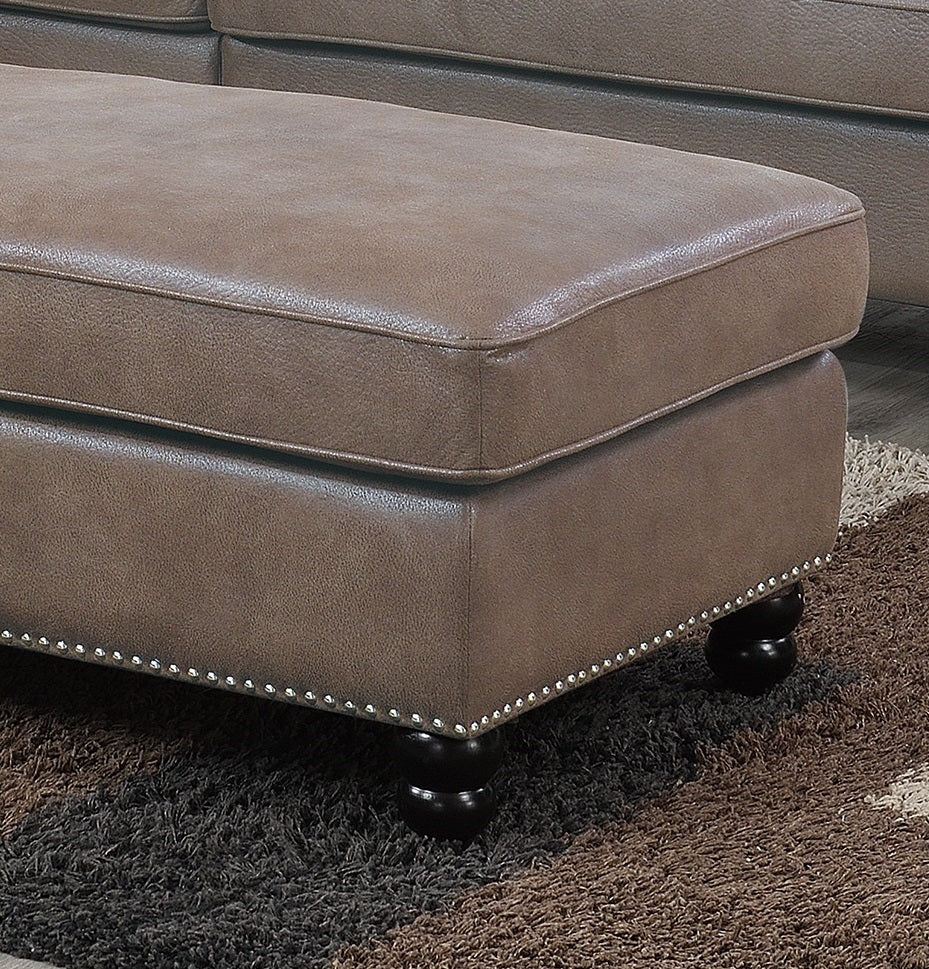 Living Room XL- Cocktail Ottoman Dark Coffee Leatherette Accent Studding Trim Wooden Legs