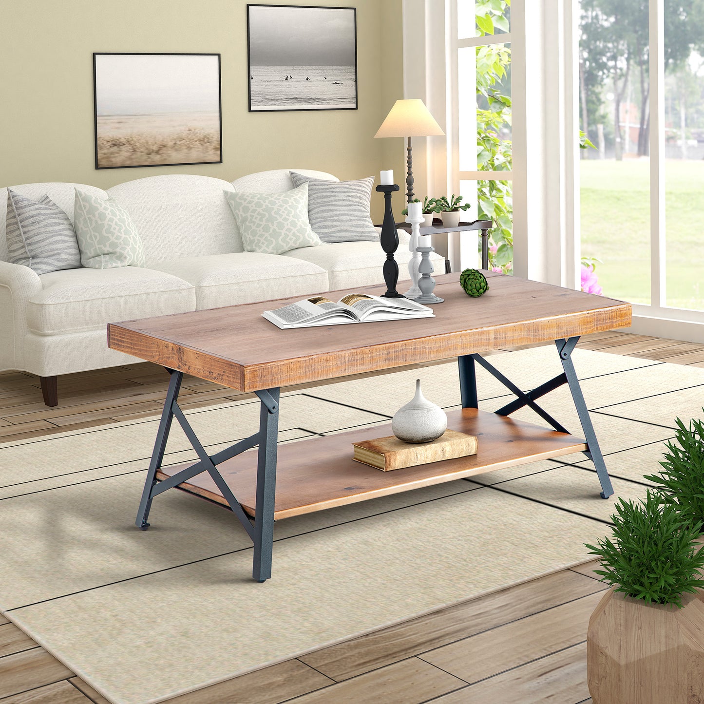 HarperBright Designs Solid Wood Coffee Table with Metal Legs for Living Room