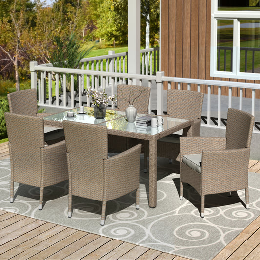 Outdoor Wicker Dining Set, 7 Piece Patio Dinning Table Beige-Brown Wicker Furniture Seating (Beige Cushions)